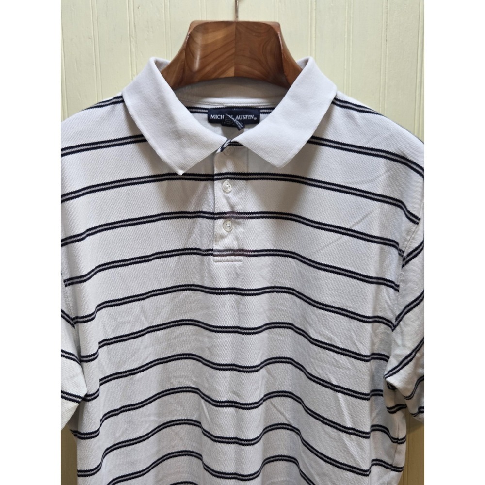 Michael Austin Polo Shirt Mens XL White Striped‎ Cotton Blend Casual Top